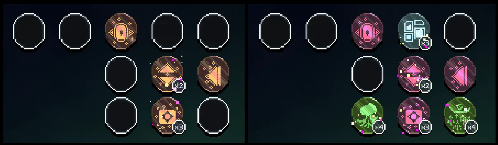 Concentrated rainbow perk arrangement showing ×4 king-specific and ×3 regular slots