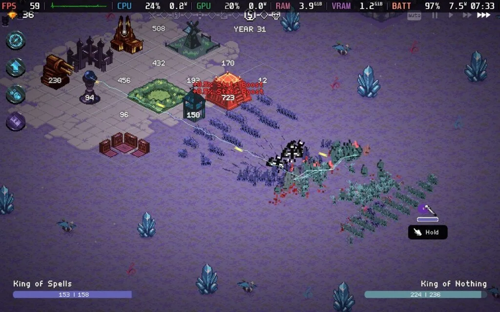 King of Spells troops fighting King of Nothing in an automatic battle