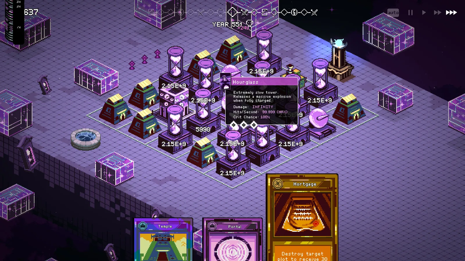Hourglass towers and support around a tooltip with INFINITY damage