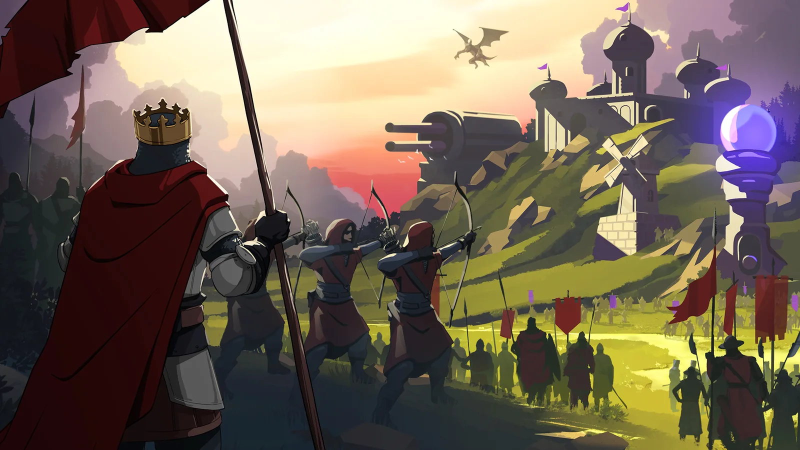 A crowned king and archers approach a fortified kingdom in official 9 Kings key art.