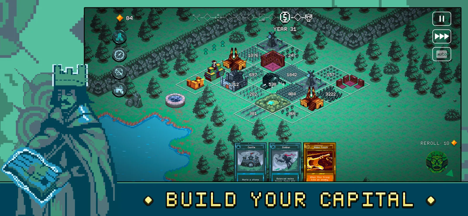 9 Kings mobile interface with the kingdom grid, three cards along the bottom and battle controls on the right.